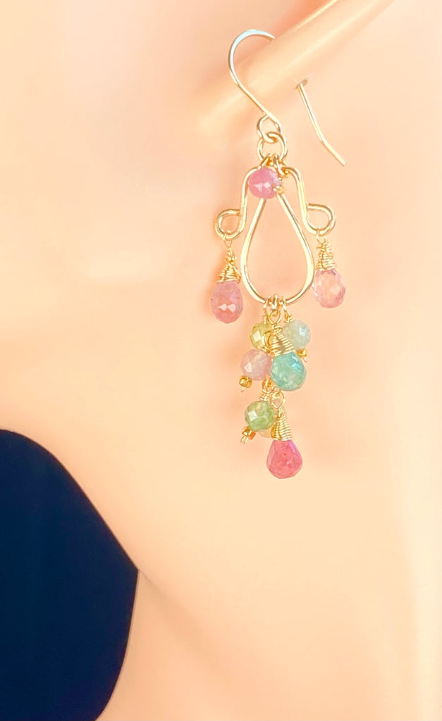 Multicolor Tourmaline Chandelier Earrings — Light Pink, Green & Blue, Gold Fill