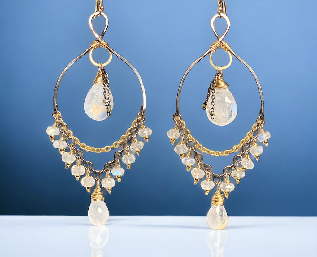 Rainbow moonstone chandelier earrings mixed metals handmade