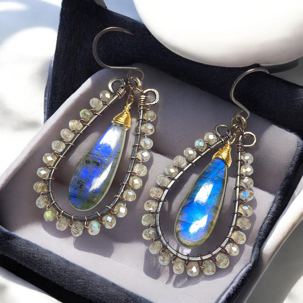 Blue Flash Labradorite Long Hoop Earrings - Oxidized Sterling Silver and Gold Fill - Doolittle