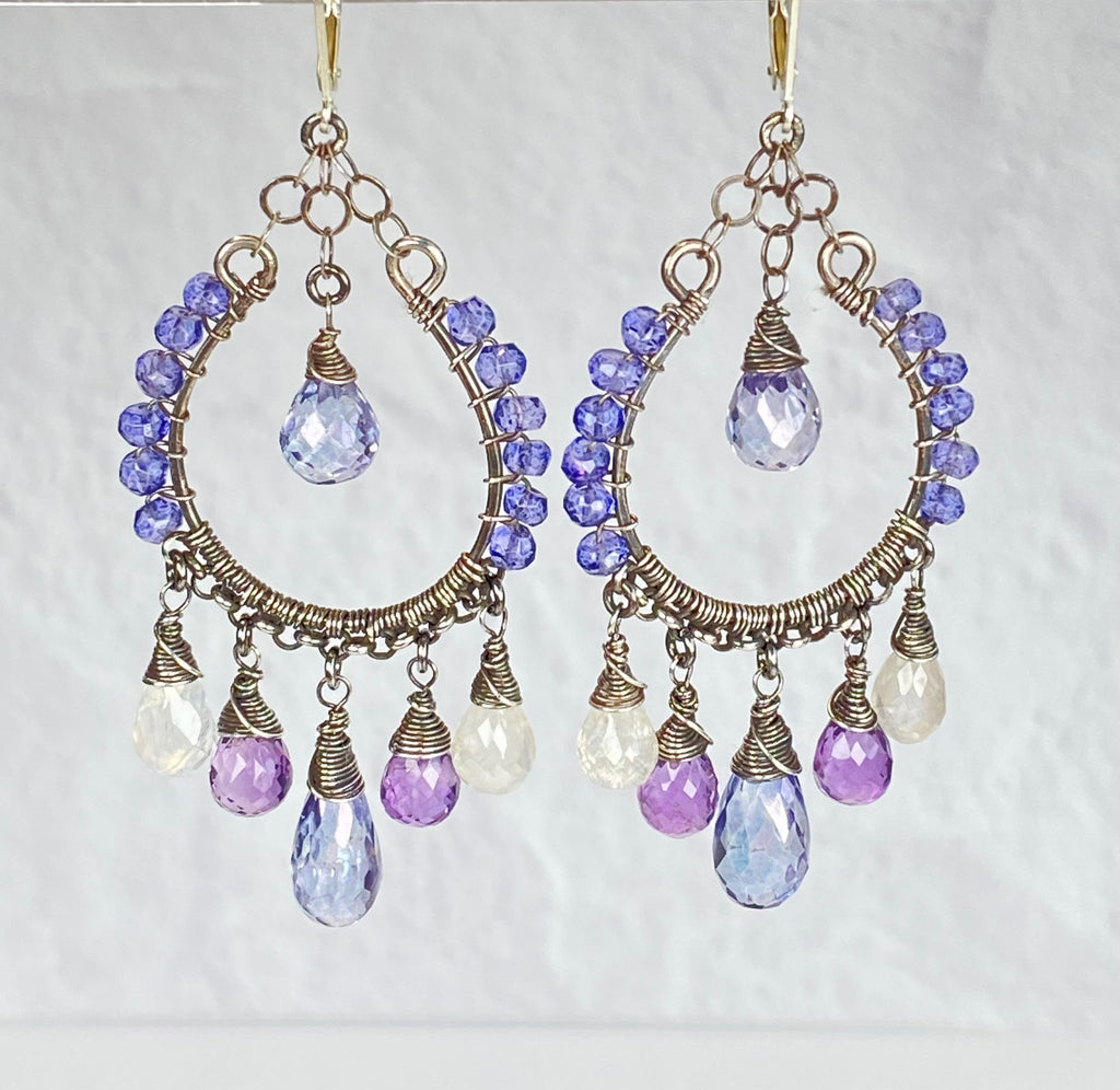 Blue Violet Gemstone Hoop Earrings — Moonstone & Amethyst, Oxidized Sterling Silver