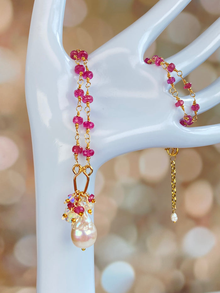 Pink Sapphire Gold Fill Wire Wrap Necklace Rosary Style Baroque Pearl Pendant