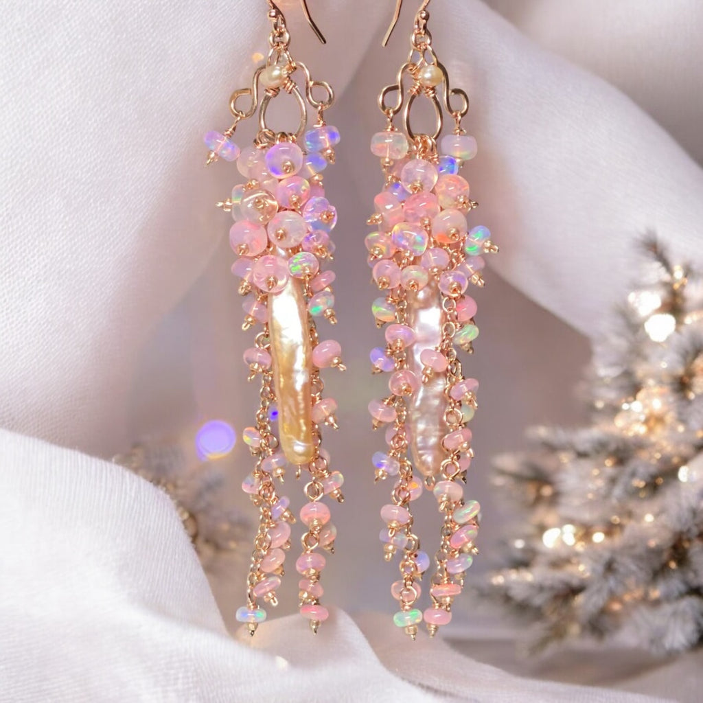 Blush Biwa Pearl Earrings Long Baby Pink Opal Clusters Rose Gold 2