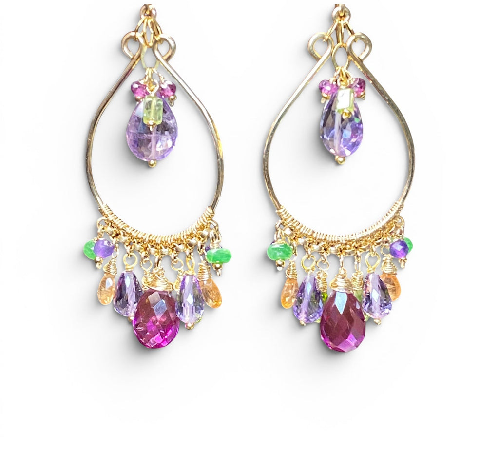 Statement chandelier hoop earrings with peridot, lavender amethyst, violet quartz and rhodolite garnet on white studio background — 14kt gold fill