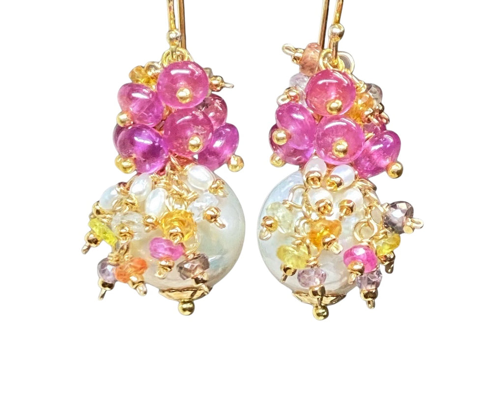 Pearl and Pink Sapphire Cluster Earrings Gold 3