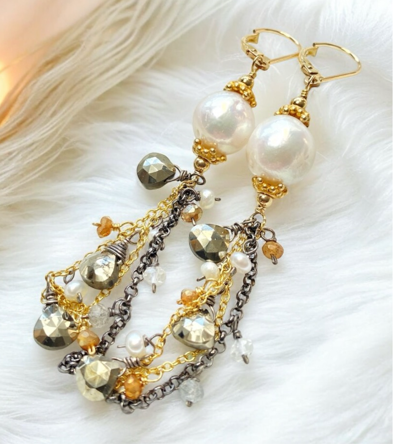 Edison Pearl Mixed Metal Long Dangle Earrings