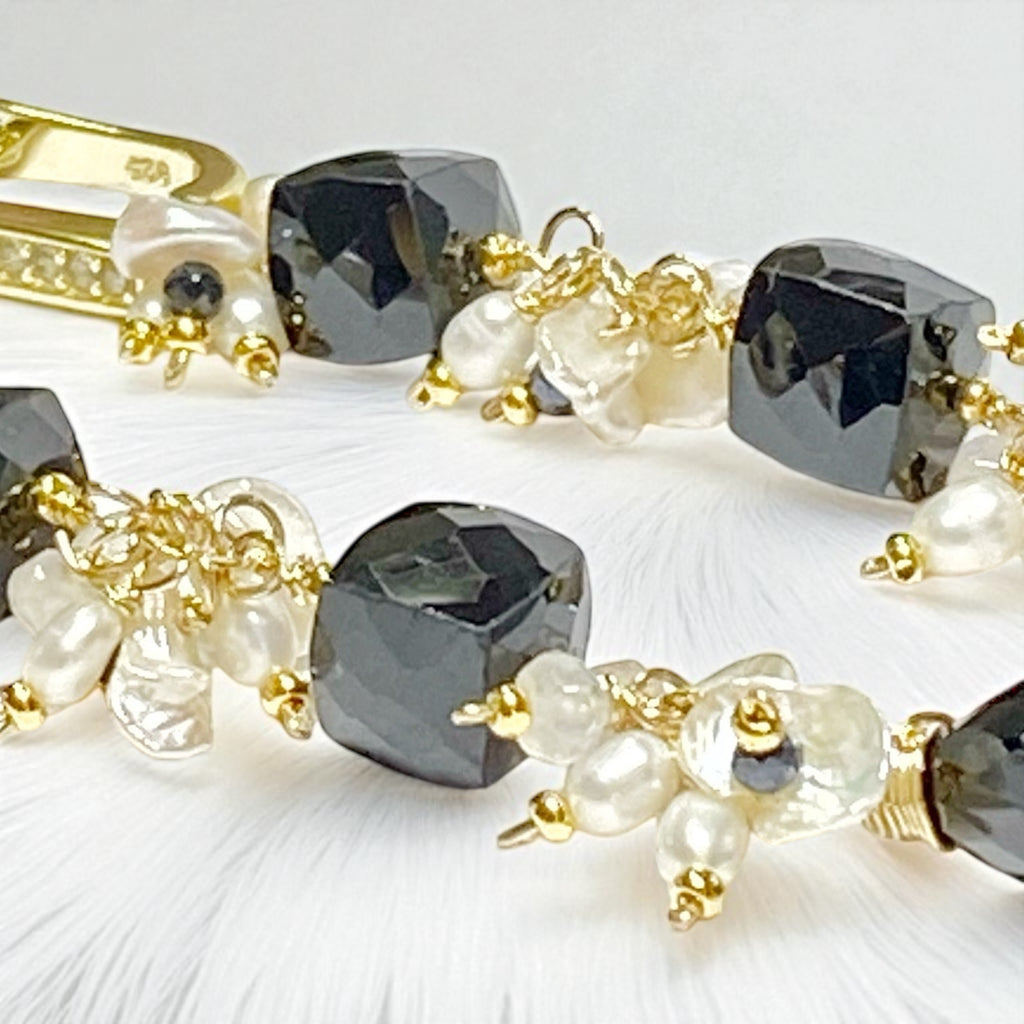 Black Spinel White Pearl Long Dangle Earrings