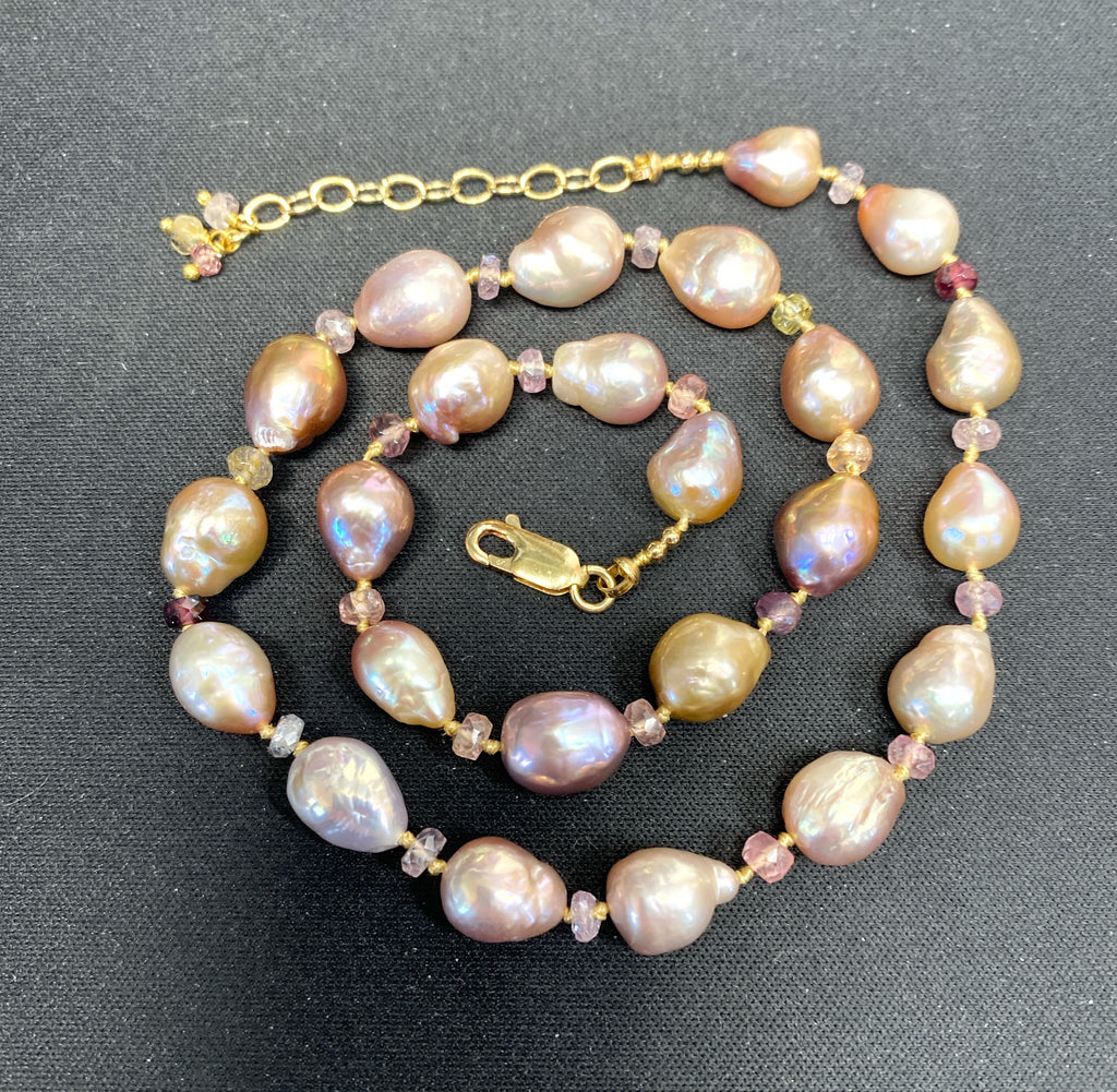 Baroque Metallic Pearl Necklace with Spinel Gemstones, Silk Knotted, Gold Fill