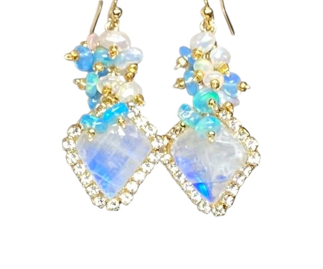 Rainbow Moonstone Diamond Style, Opal Cluster Dangle Earrings Gold