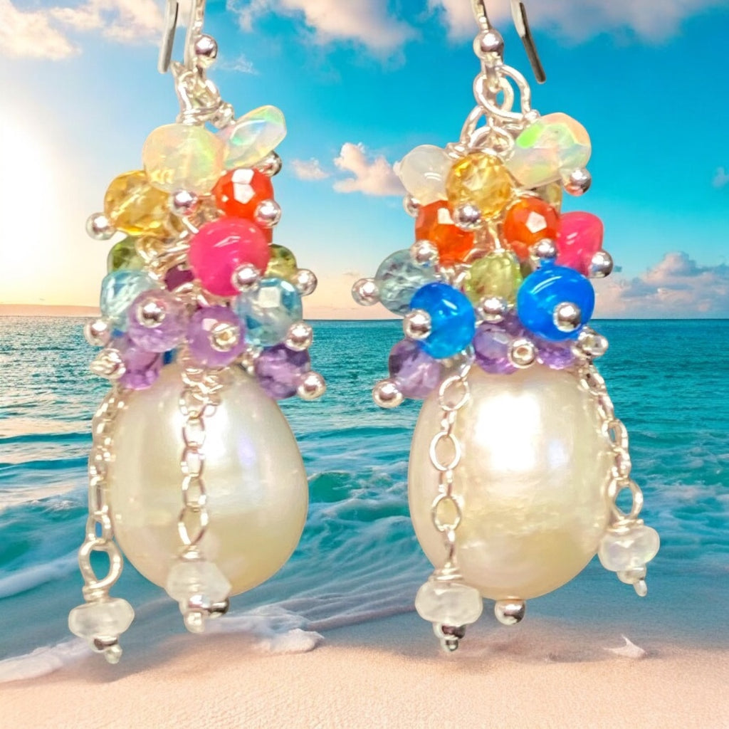Pearl Earrings with Multi-color Opals and Gemstones in Gold Fill or Sterling Silver