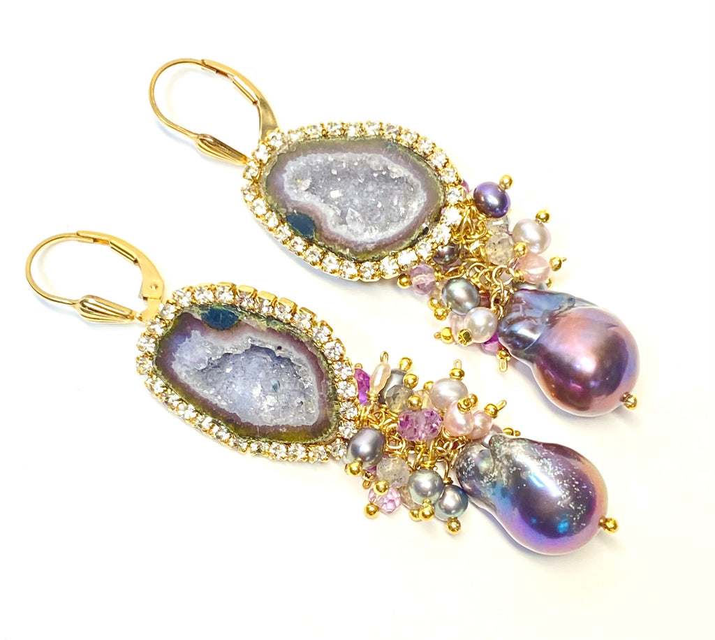 Grey Tabasco Geode and Baroque Pearl Cluster Dangle Earrings - Pink, Plum, Grey
