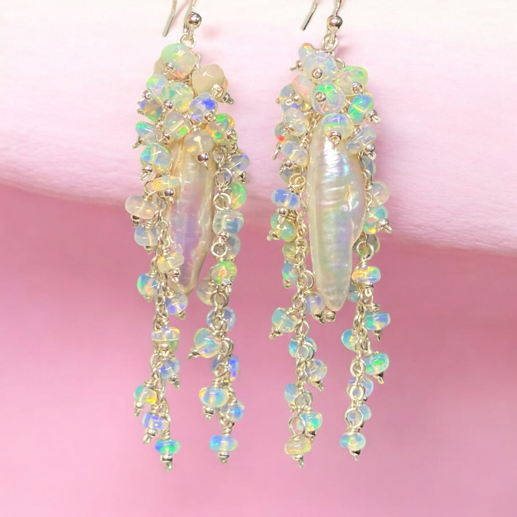 Pearl, Ethiopian Opal Statement Earrings, Bridal Earrings, Sterling Silver