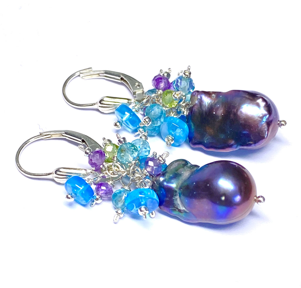 Baroque Peacock Pearl Cluster Earrings, Peridot, Amethyst, Opal, Sterling Silver