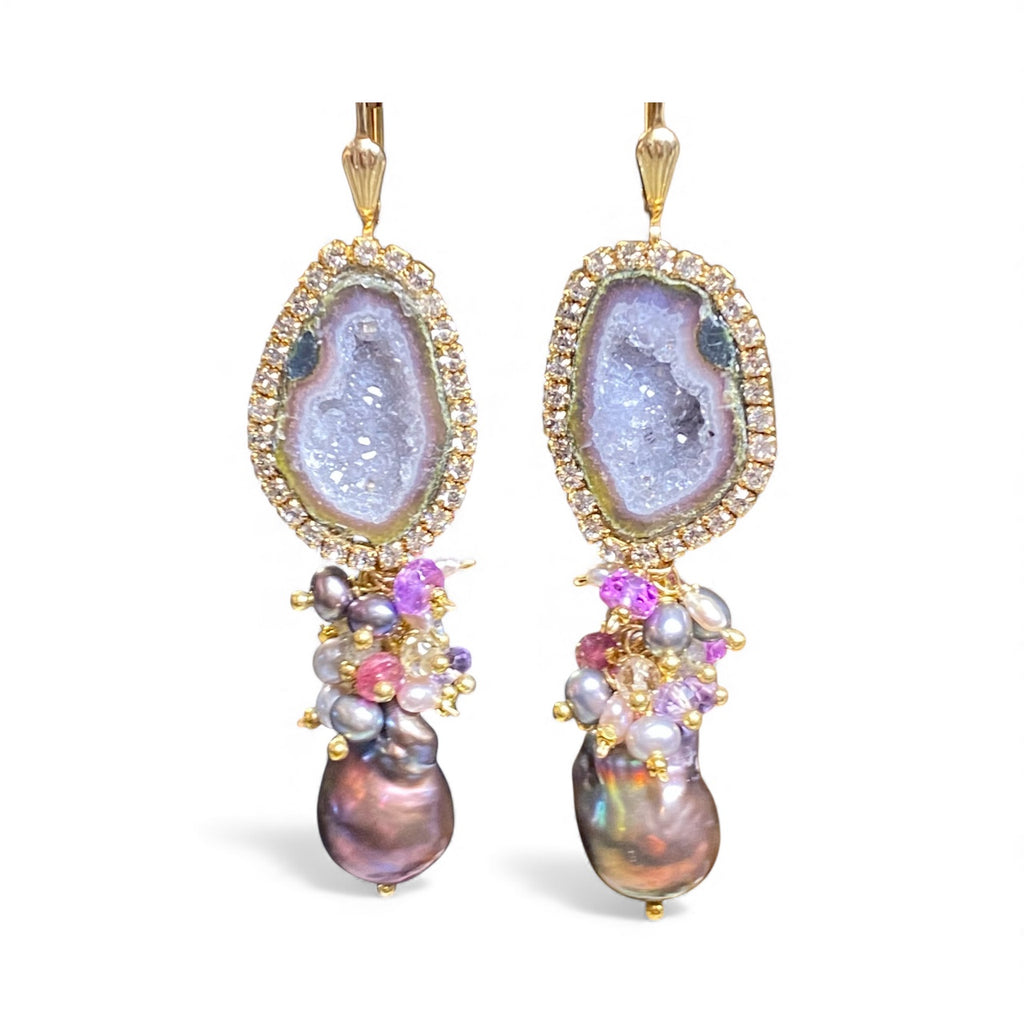 Grey Tabasco Geode and Baroque Pearl Cluster Dangle Earrings - Pink, Plum, Grey