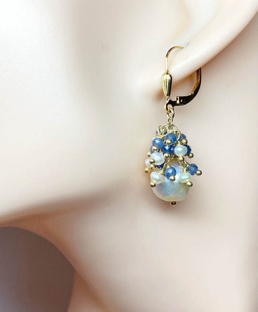 Blue Sapphire and Pearl Cluster Earrings Gold Fill