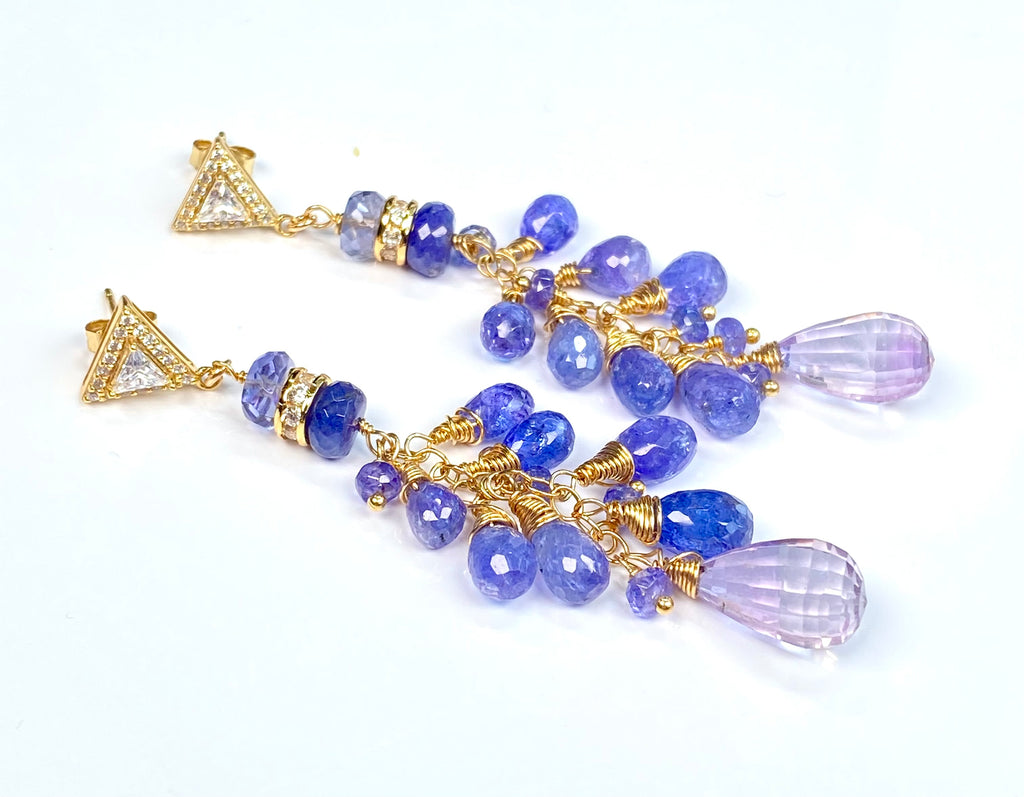 Tanzanite Long Tassel Dangle Earrings Gold Fill