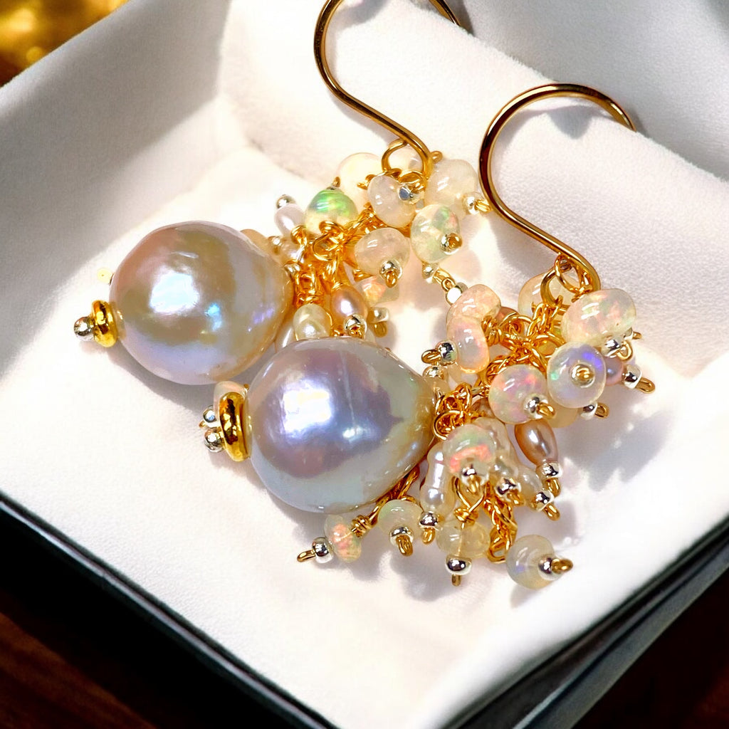 Silver Edison Pearl Ethiopian Opal Cluster Earrings, Mixed Metals