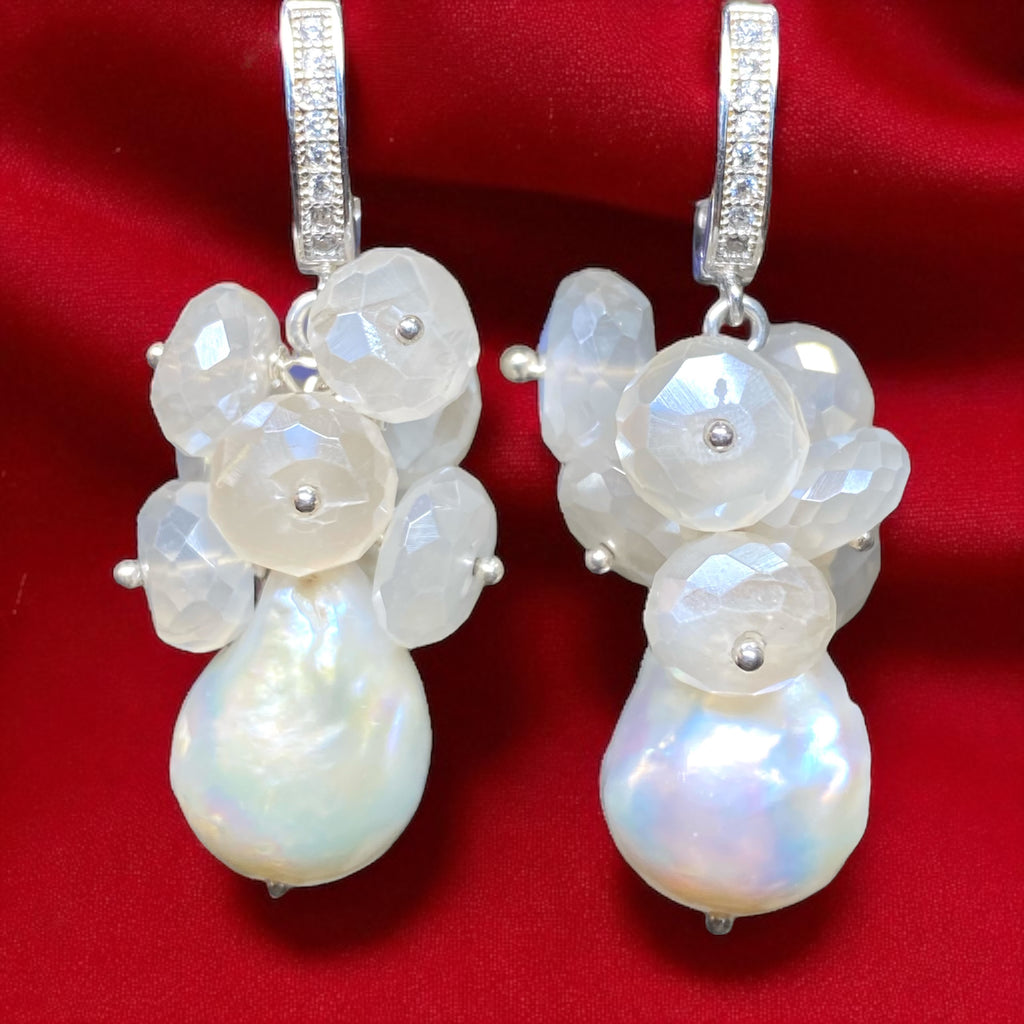 Baroque Pearl and Mystic Moonstone Sterling Silver Bridal Gemstone Cluster Earrings