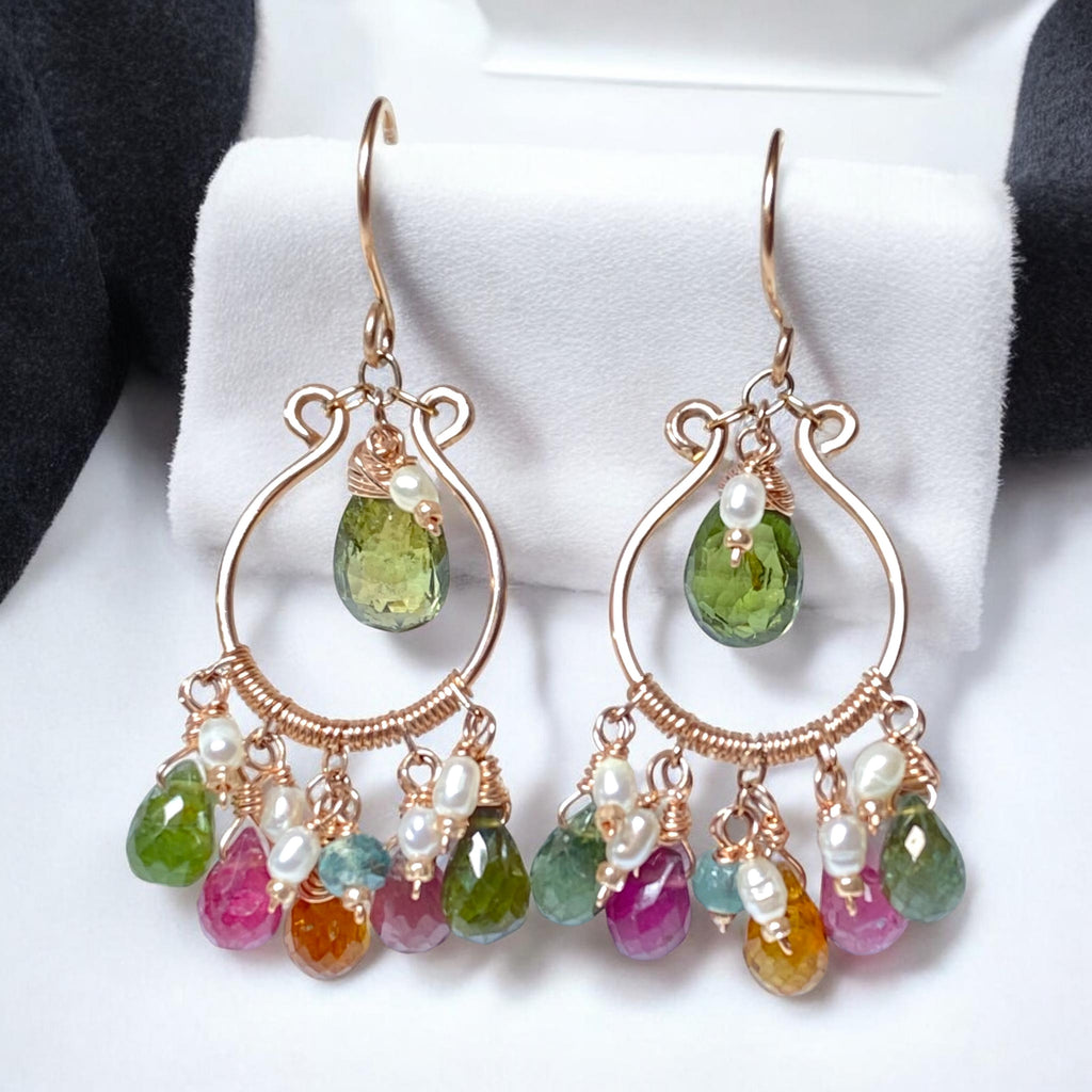Multicolor Tourmaline Rose Gold Fill Hoop Chandelier Earrings