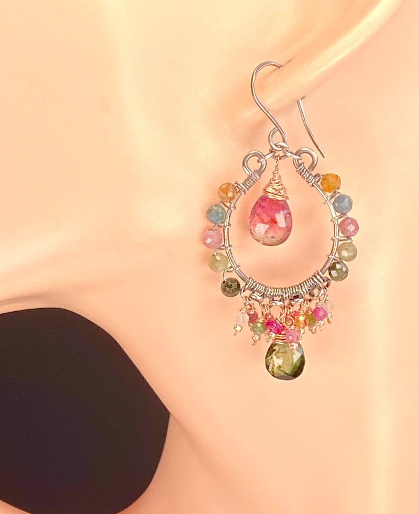 Pink and Green Tourmaline Mixed Metal Hoop Chandelier Earrings - Rose Gold, Oxidized Silver