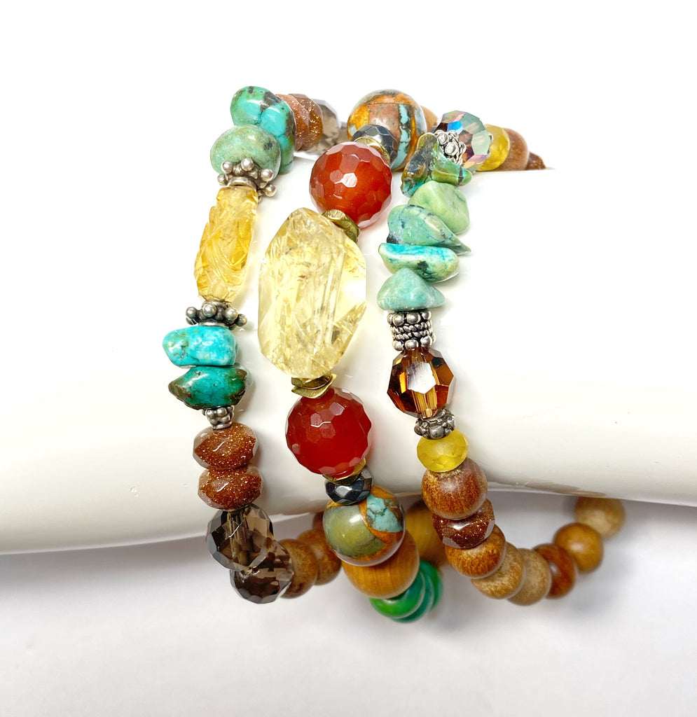 Colorful Beaded Stretch Bracelets Stack Set of 3 Sandalwood, Turquoise, Citrine