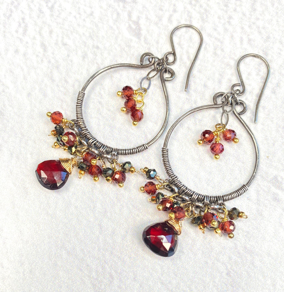 Red Garnet & Pyrite Chandelier Earrings, Oxidized Silver