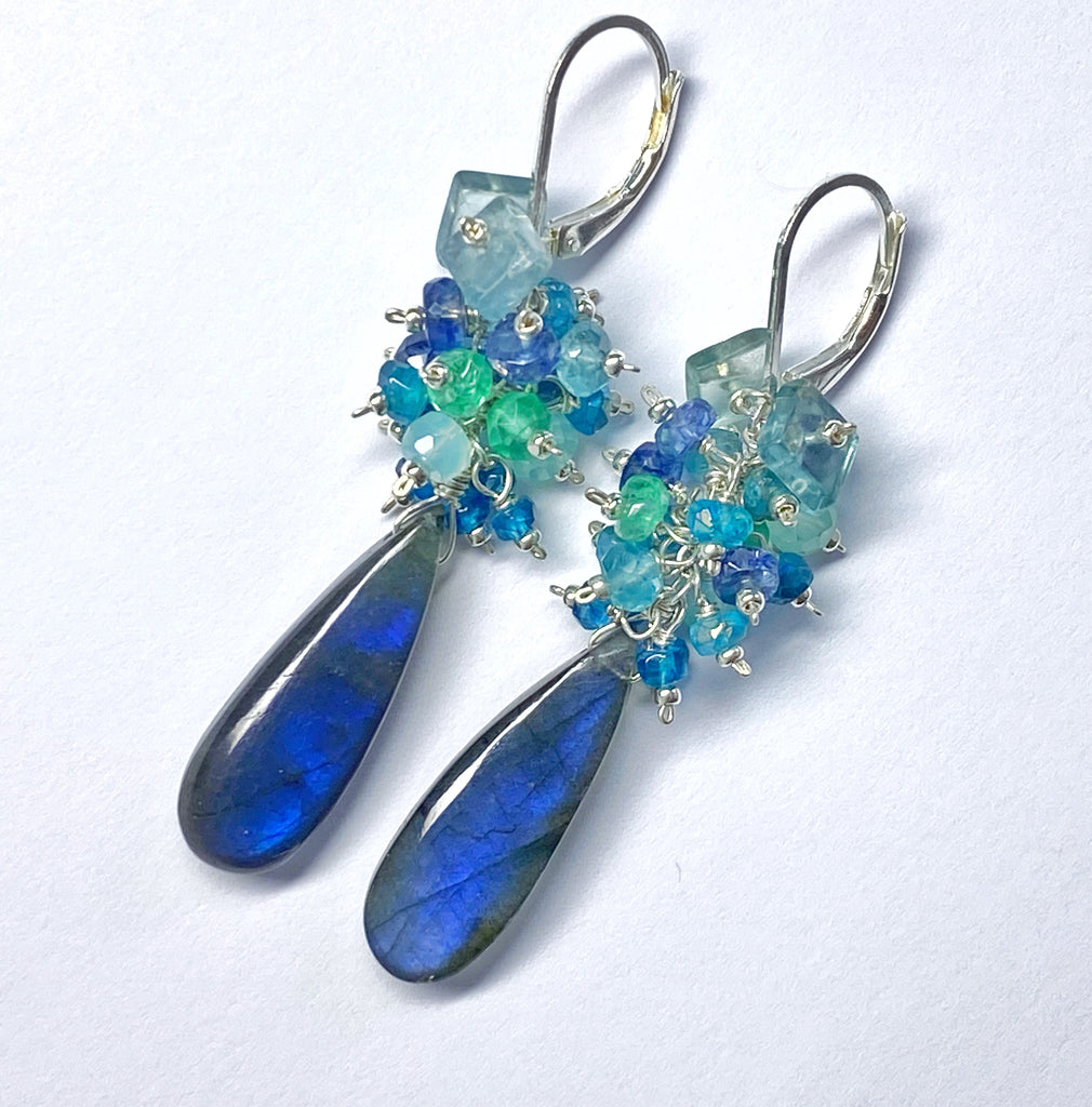 Blue Labradorite Long Gemstone Cluster Earrings in Blue, Green, Sterling Silver