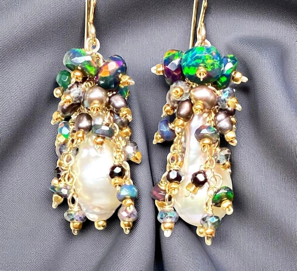 Baroque Pearl Earrings with Fiery Black Ethiopian Opals 2