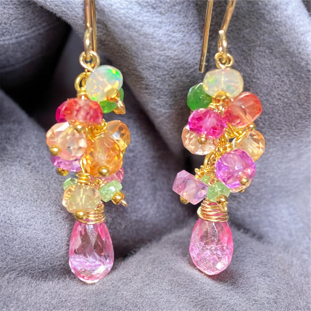 Padparadscha Sapphire Dangle Earrings, Pink Mystic Topaz, Gold Fill - Doolittle