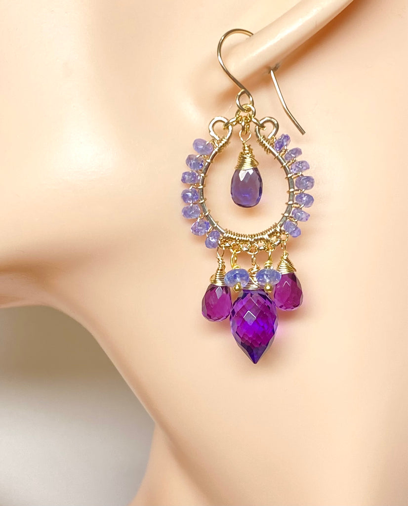 Tanzanite iolite amethyst violet quartz gold filled chandelier earrings on mannequin head showing how they hang and drape when worn