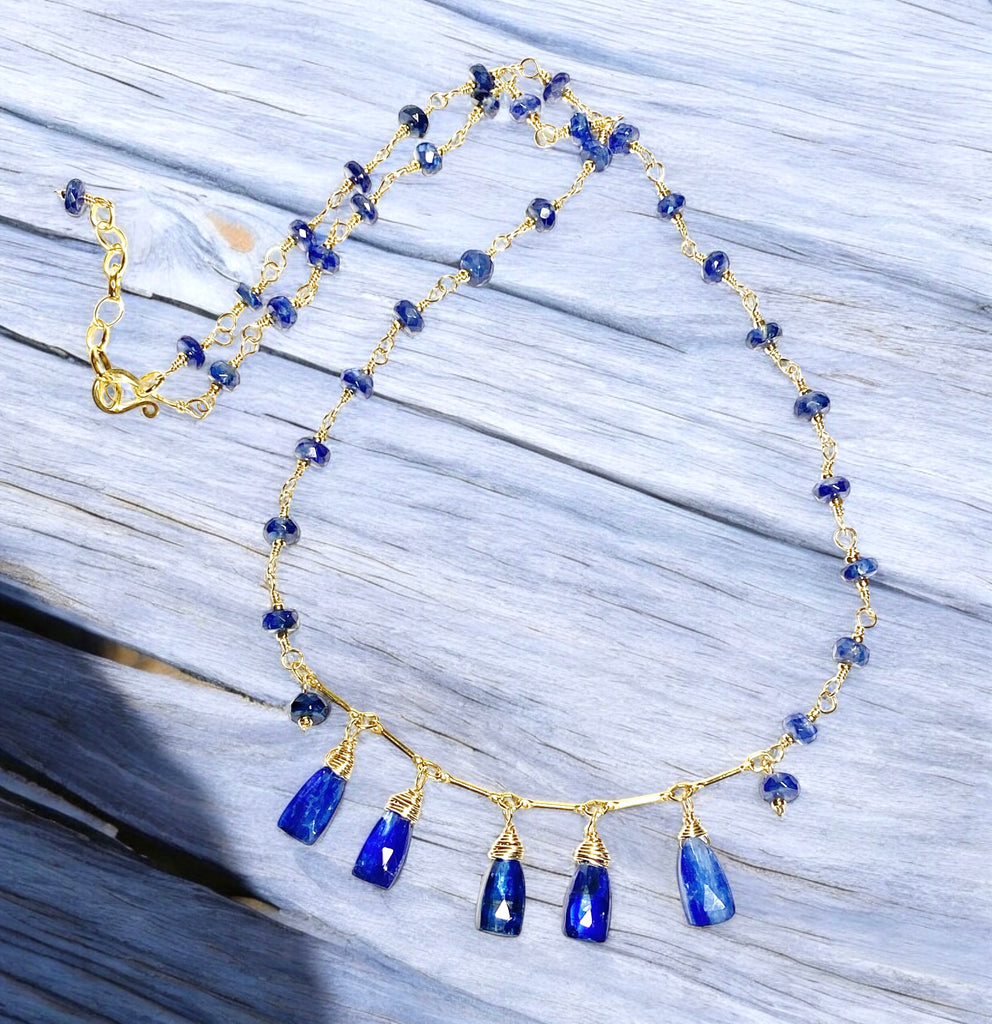 Blue Kyanite Gold Fill Dangle Necklace Rosary Style Wire Wrap