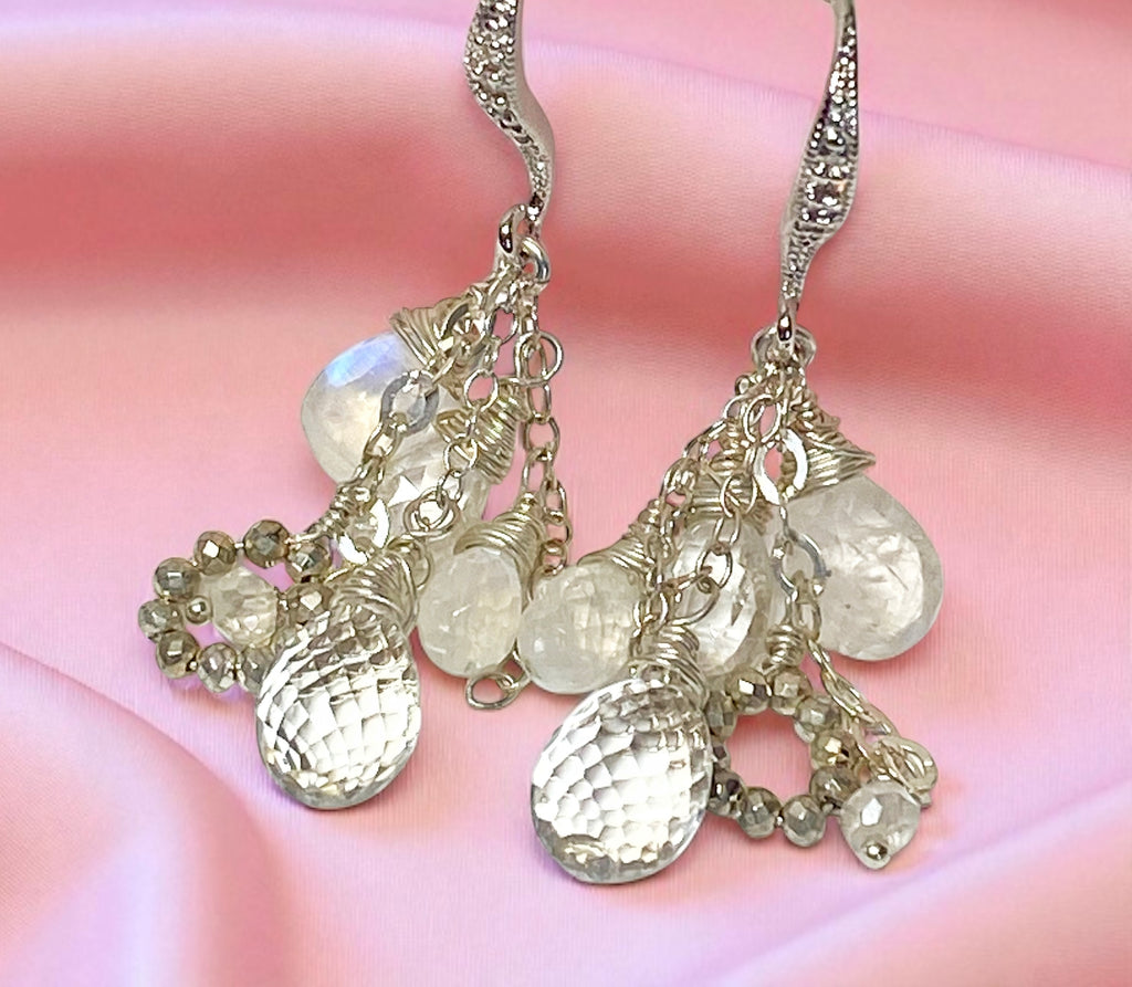 Crystal Quartz Dangle Earrings Sterling Silver Moonstone