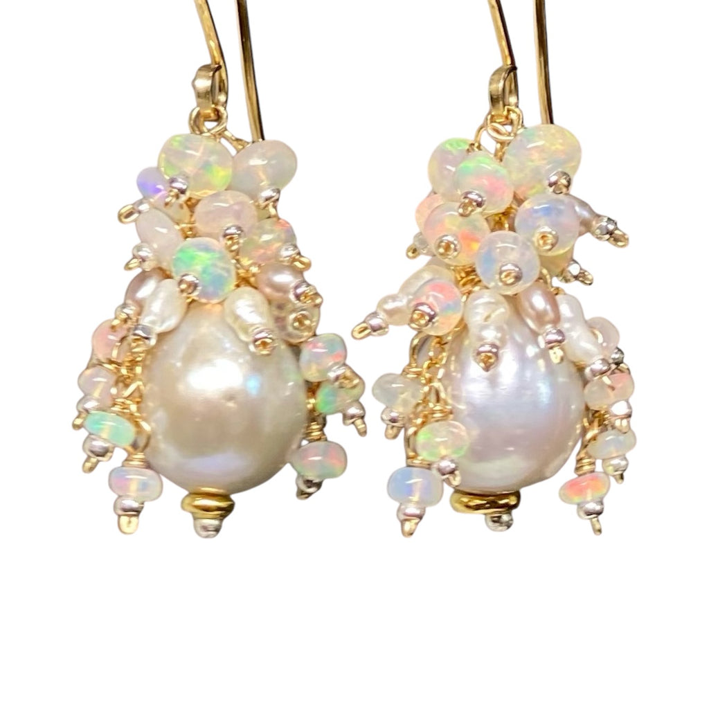 Silver Edison Pearl Ethiopian Opal Cluster Earrings, Mixed Metals