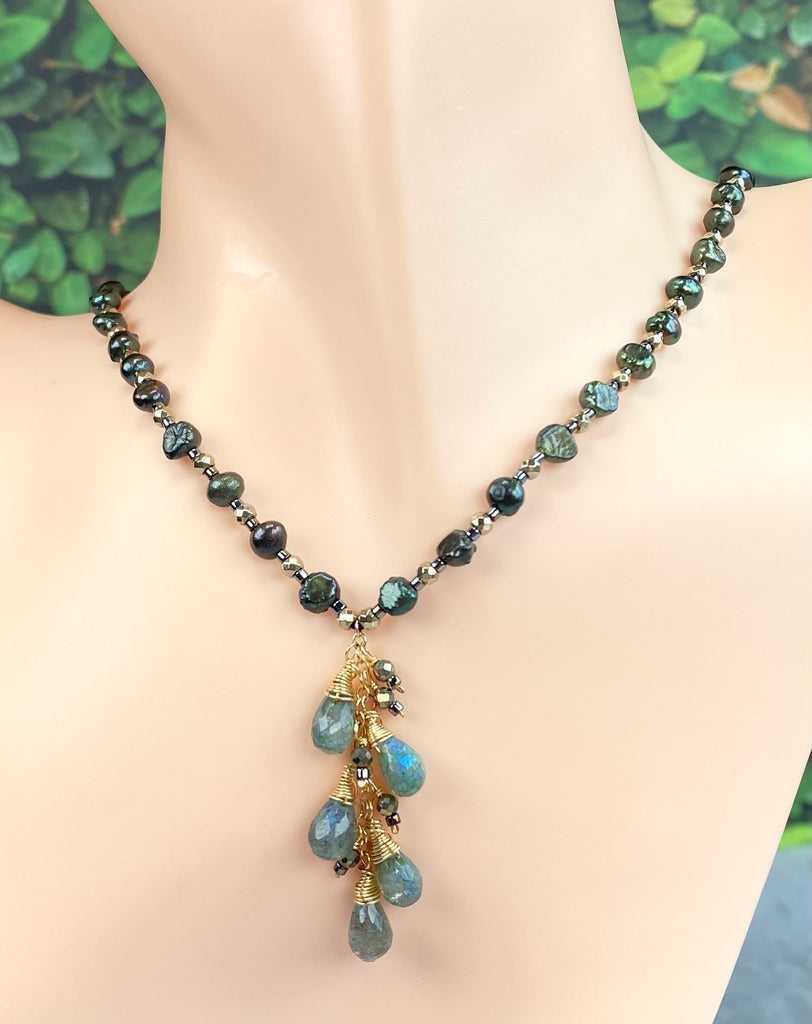 Green Moonstone and Pearl Silk Knot Pendant Necklace