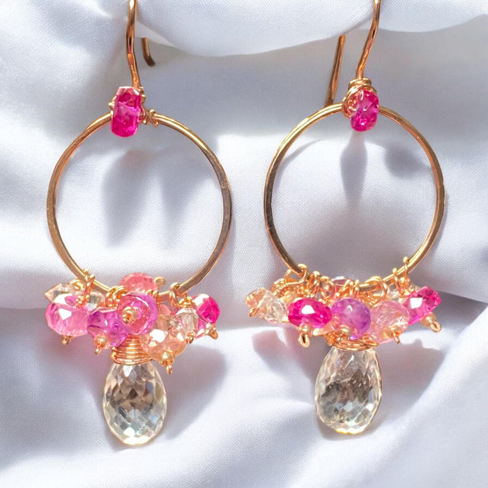 Padparadscha Sapphire Hoop Earrings Rose Gold Fill — Crystal Quartz Herkimer Diamond