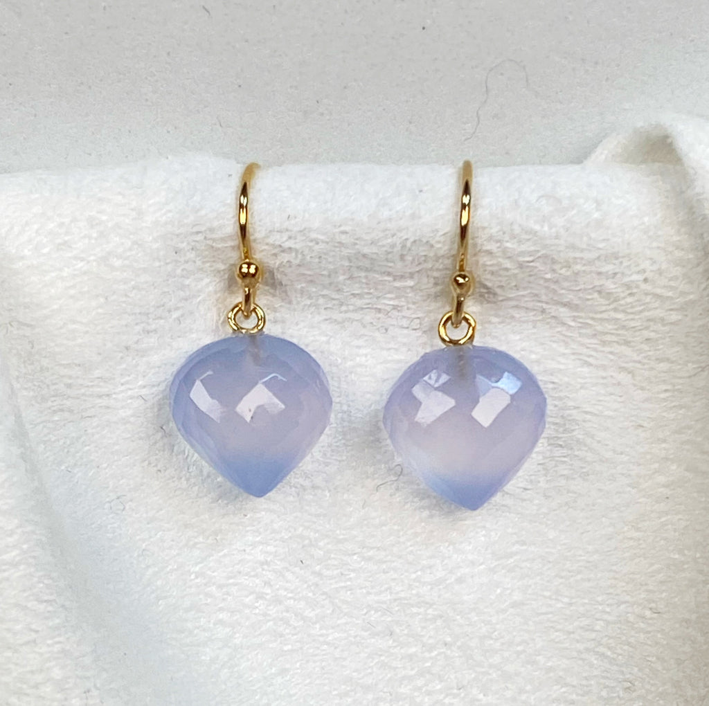 Natural Blue Chalcedony Gemstone Heart Dangle Earrings 14k Gold Fill