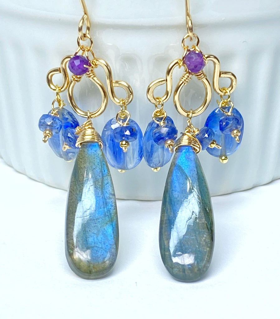 Blue Labradorite Statement Chandelier Earrings in Gold Fill with Kyanite