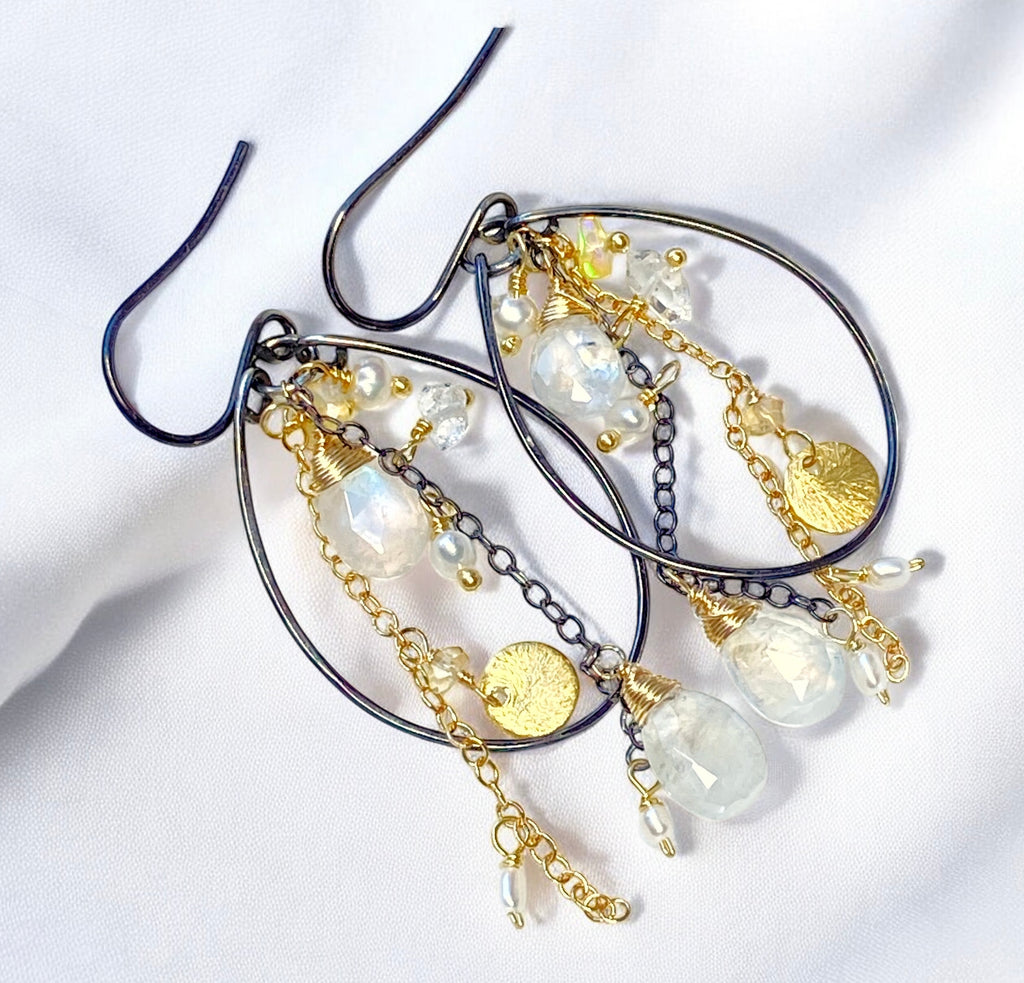 Rainbow Moonstone, Opal, Pearl Mixed Metal Hoops, Black and Gold