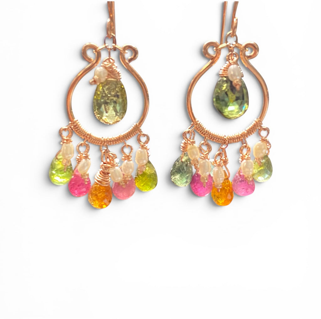 Multicolor Tourmaline Rose Gold Fill Hoop Chandelier Earrings