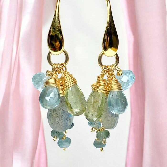 Moss Aquamarine and Labradorite Dangle Earrings Gold