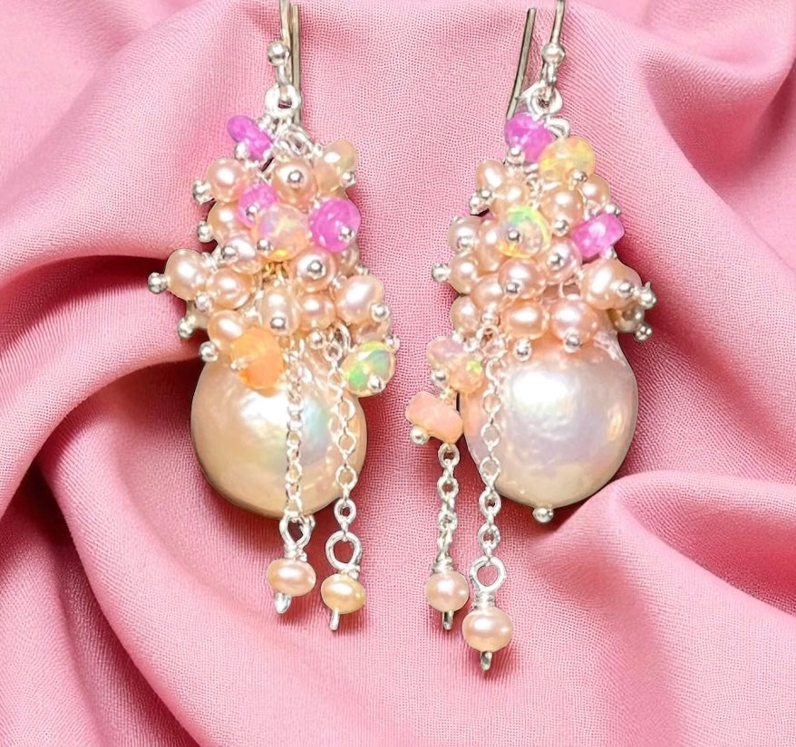 Pink Blush Baroque Pearls Opal, Sapphire Pearl Cluster Earrings