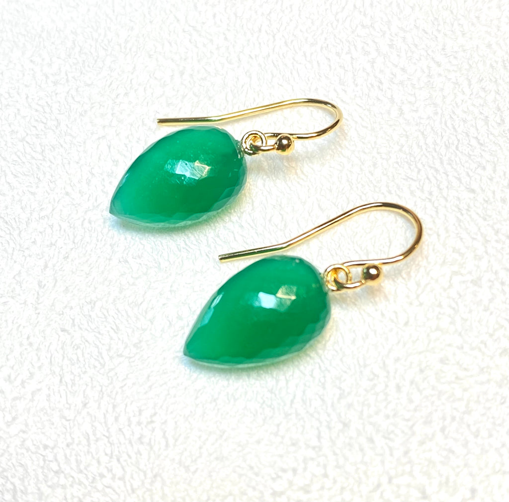 Green Onyx Flat Briolette Long Drop Earrings 14k Gold Fill