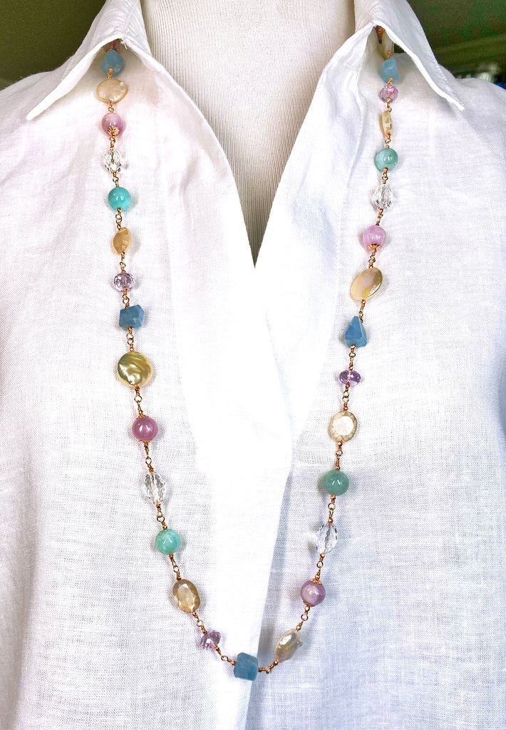 Long Multi Gemstone Pearl Necklace Aquamarine Amethyst Kunzite Rose Gold Fill