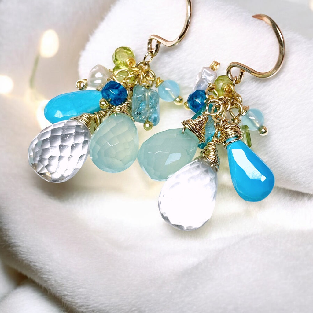 Aqua Gold Filled Dangle Earrings Crystal Quartz & Turquoise