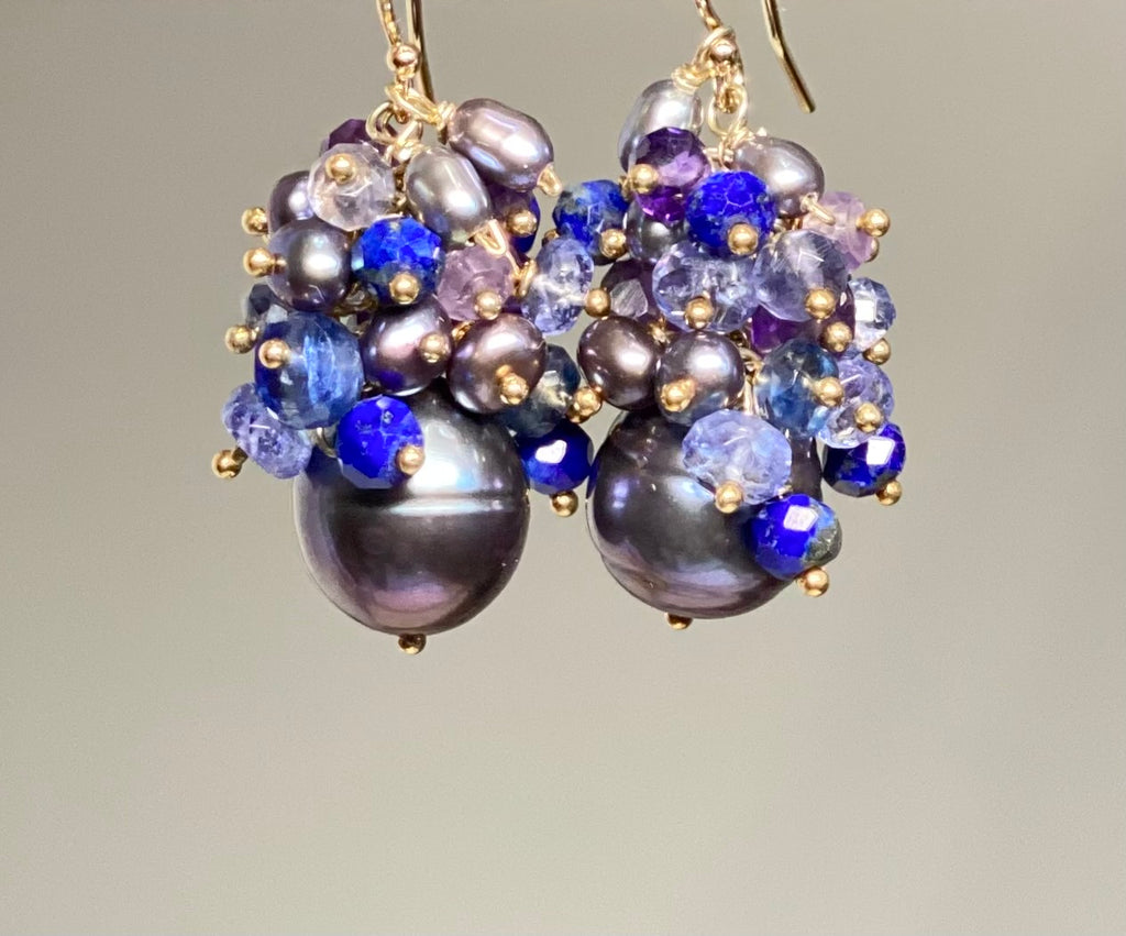 Black Baroque Pearl Gemstone Cluster Earrings Amethyst Tanzanite Iolite - Doolittle