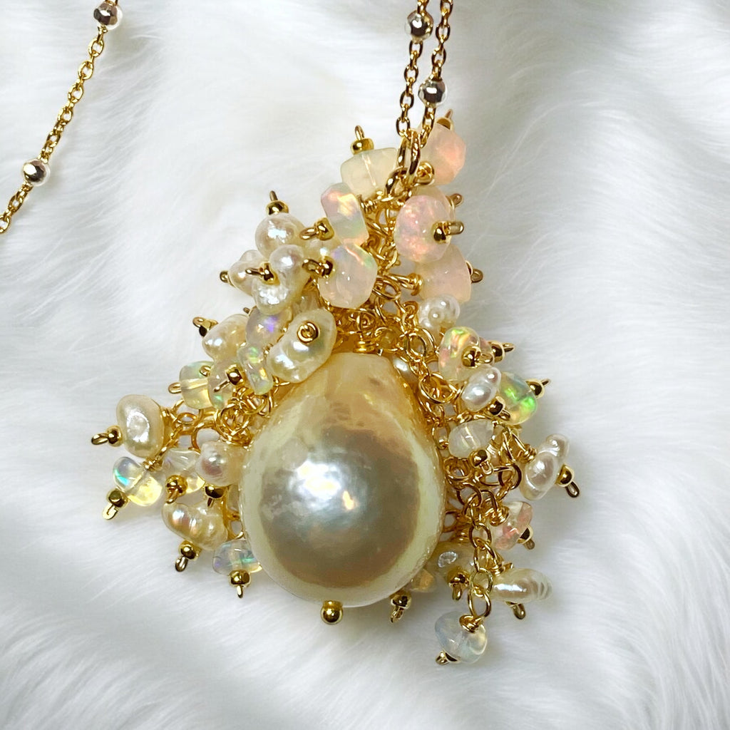 Golden Edison Baroque Pearl Opal Cluster Pendant in Gold Fill