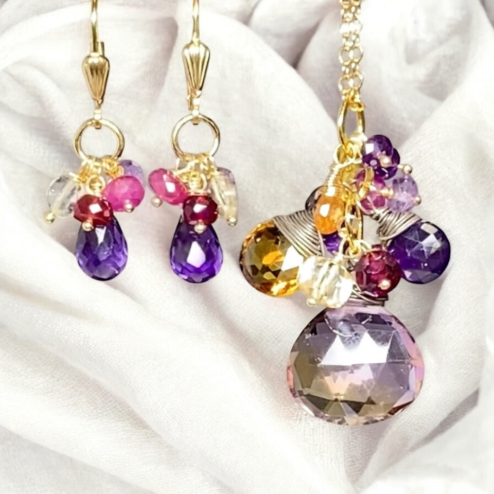 Ametrine Pendant Necklace Set and Amethyst Dangle Earrings