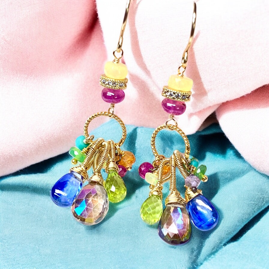 Multi Gemstone Dangle Earrings, Coiled Gold Wire, Handmade 2
