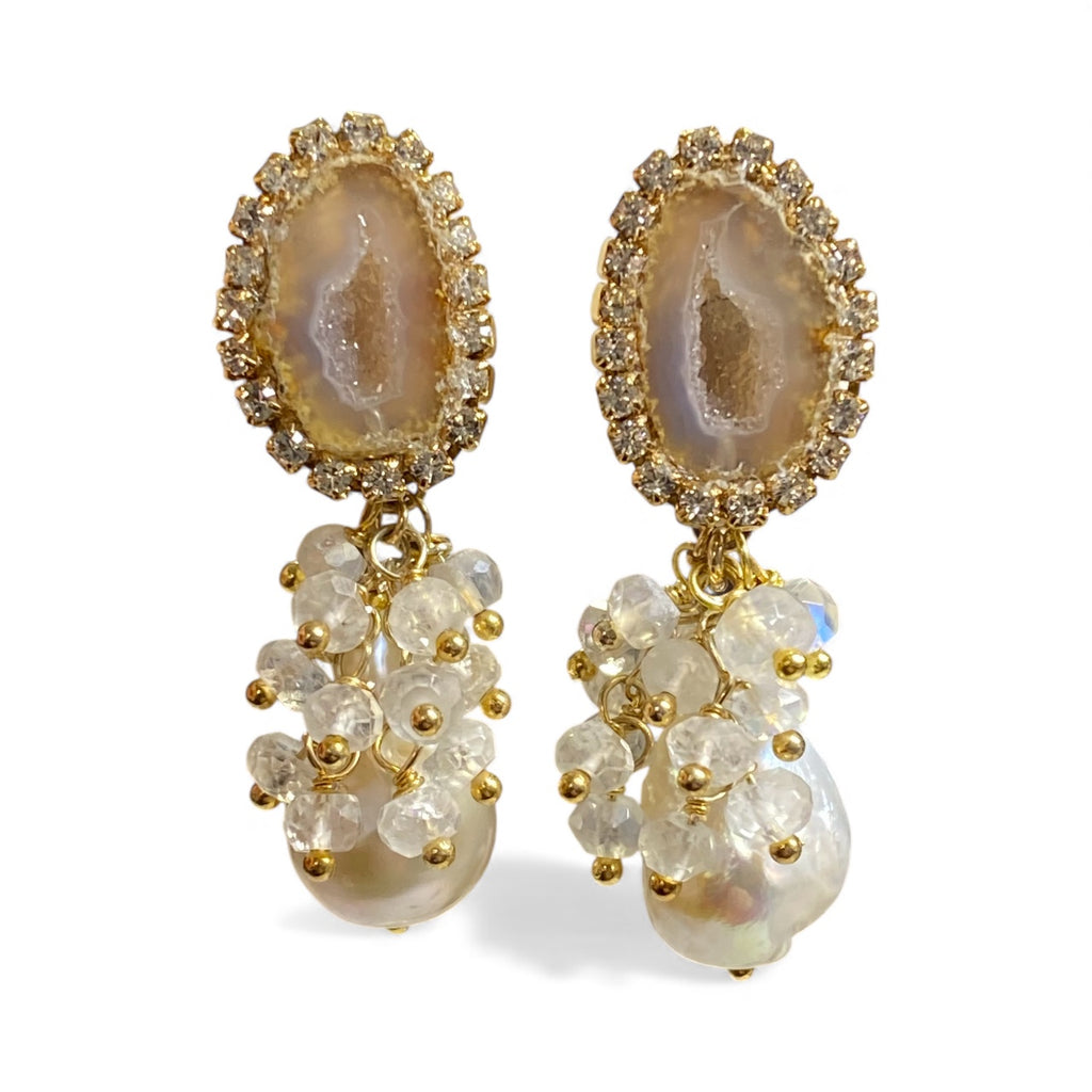 Golden Beige Tabasco Geode and Ivory White Baroque Pearl Earrings