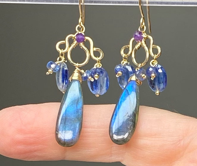 Blue Labradorite Statement Chandelier Earrings in Gold Fill with Kyanite