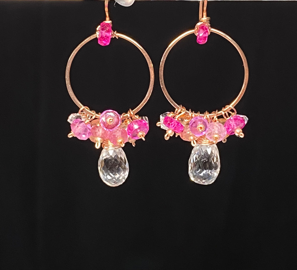 Padparadscha Sapphire Hoop Earrings Rose Gold Fill — Crystal Quartz Herkimer Diamond - Doolittle